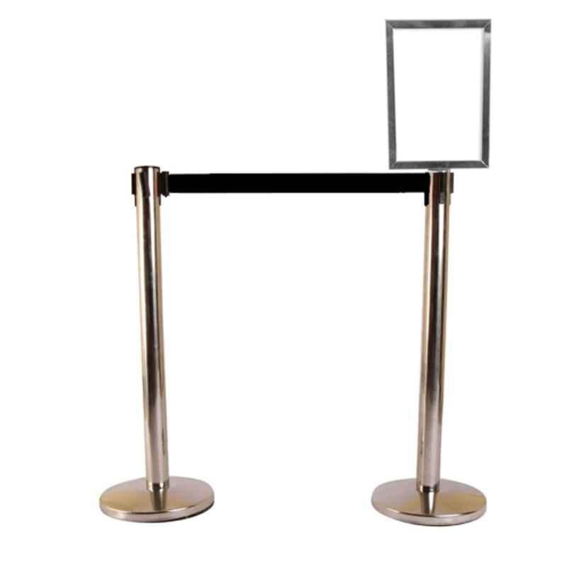 Ladwa 2 Pcs Stainless Steel Hook Type Barricade Set with 2.25m Black Belt & A4 Sign Plate, LSI-QMB-A4-P2-N