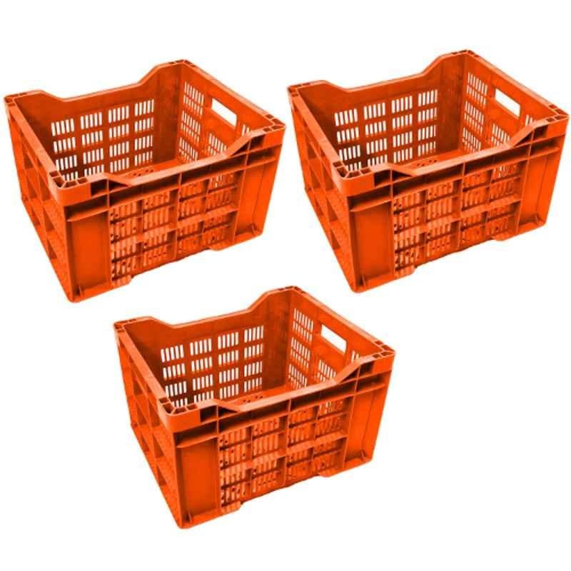 Xela 049 40x31x24cm Plastic Orange Multipurpose Heavy Duty Portable Crate, (Pack of 3)