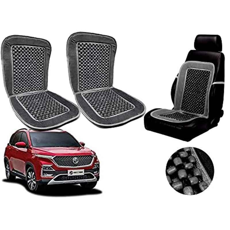 Auto Pearl PU, Velvet & Wooden Beads Grey Rectangular Seat Cushion for MG Hector (Pack of 2 )