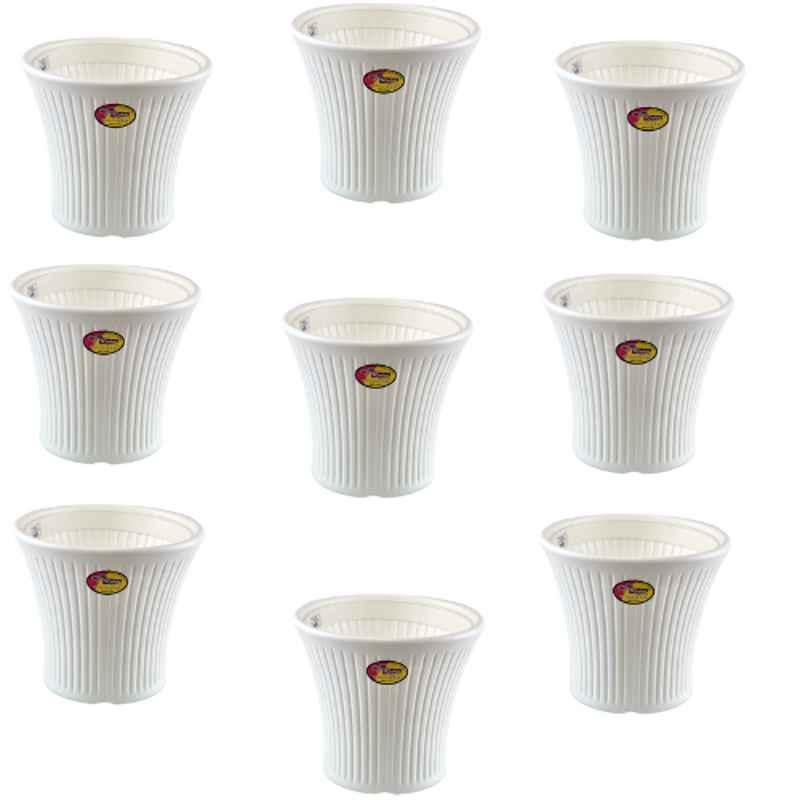 Rishta 9x10 inch Plastic White Round Poudha Planter Gamla Pot with Tray (Pack of 9)
