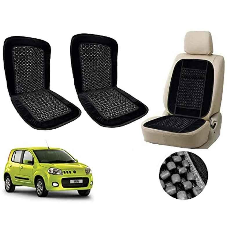 Auto Pearl PU, Velvet & Wooden Beads Black Rectangular Seat Cushion for Fiat Nova Uno (Pack of 2 )