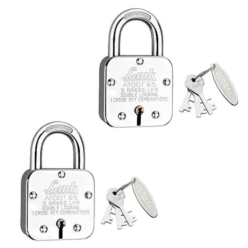 Link 65mm Steel Long Hardened Shackle Padlock with 9 Brass Lever, 3 Silver Keys, Keychain & Free Key Hanger, Atoot 65 (Pack of 2)