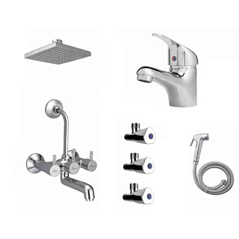Mayur Ocich Flaro 7 Pcs Brass Chrome Plated Silver Wall Mixer Bathroom Set, 7709R6-1111-Tri01-561