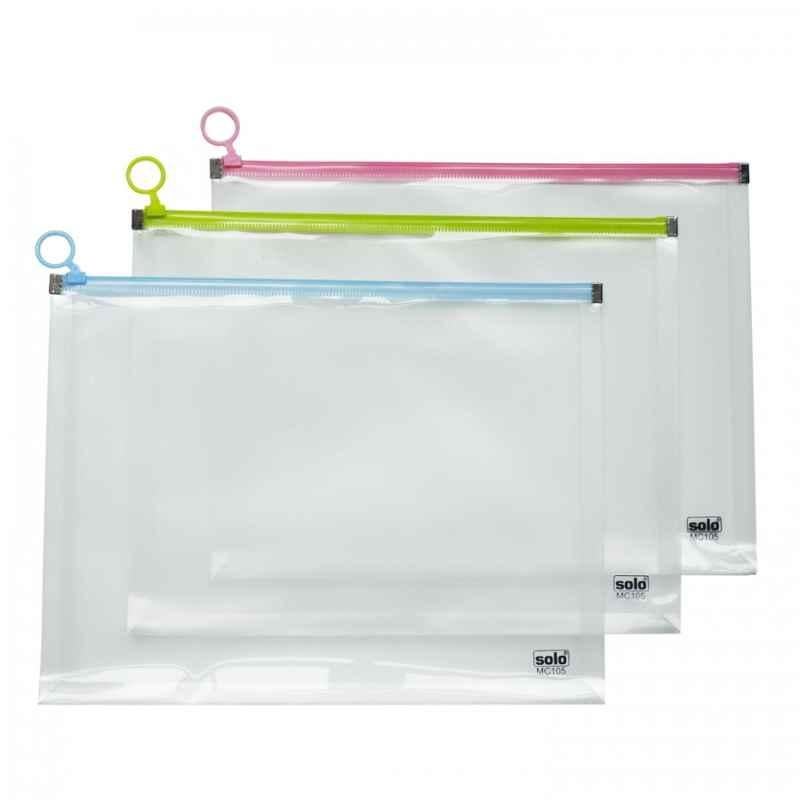 Solo A4 Transparent White Expandable Document Bag with Assorted Colour Zipper Closure, MC 105 (Pack of 60)