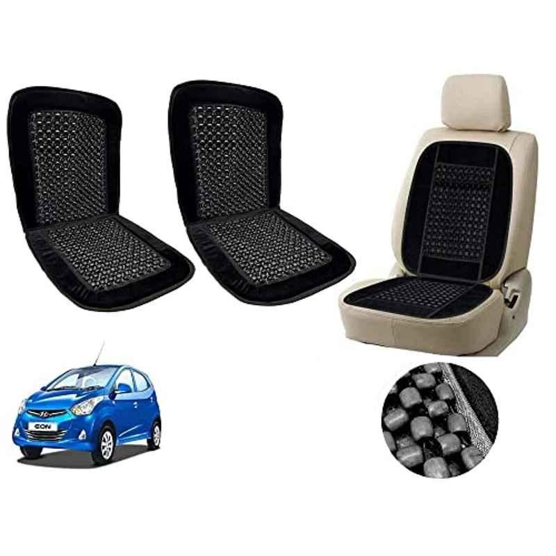 Auto Pearl PU, Velvet & Wooden Beads Black Rectangular Seat Cushion for Hyundai Eon (Pack of 2 )