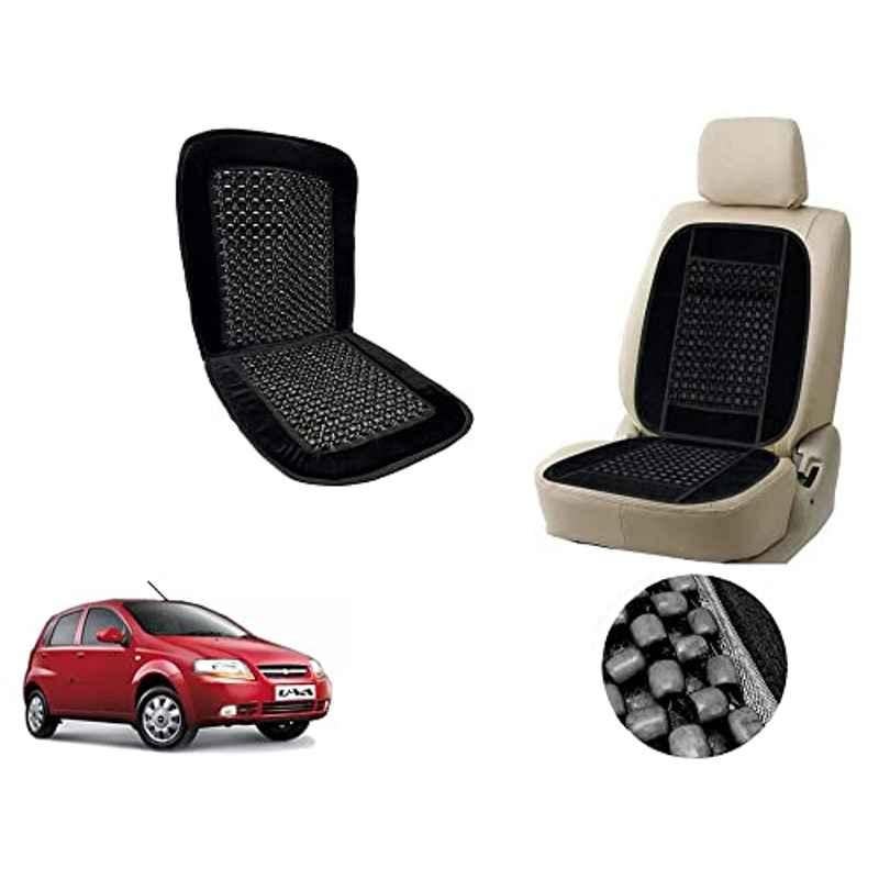 Auto Pearl PU, Velvet & Wooden Beads Black Rectangular Seat Cushion for Chevrolet Aveo