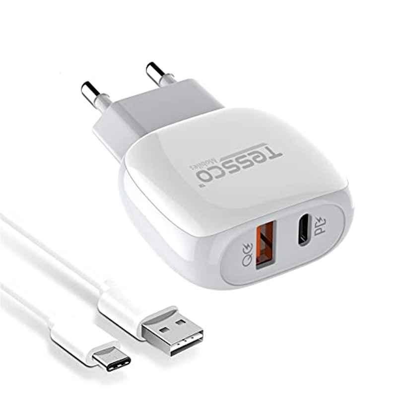 Tessco 20W 2.1A White Dual USB Travel Charger with 100cm Type-C Cable for Tablets, Mobiles & Power Bank, BC-202