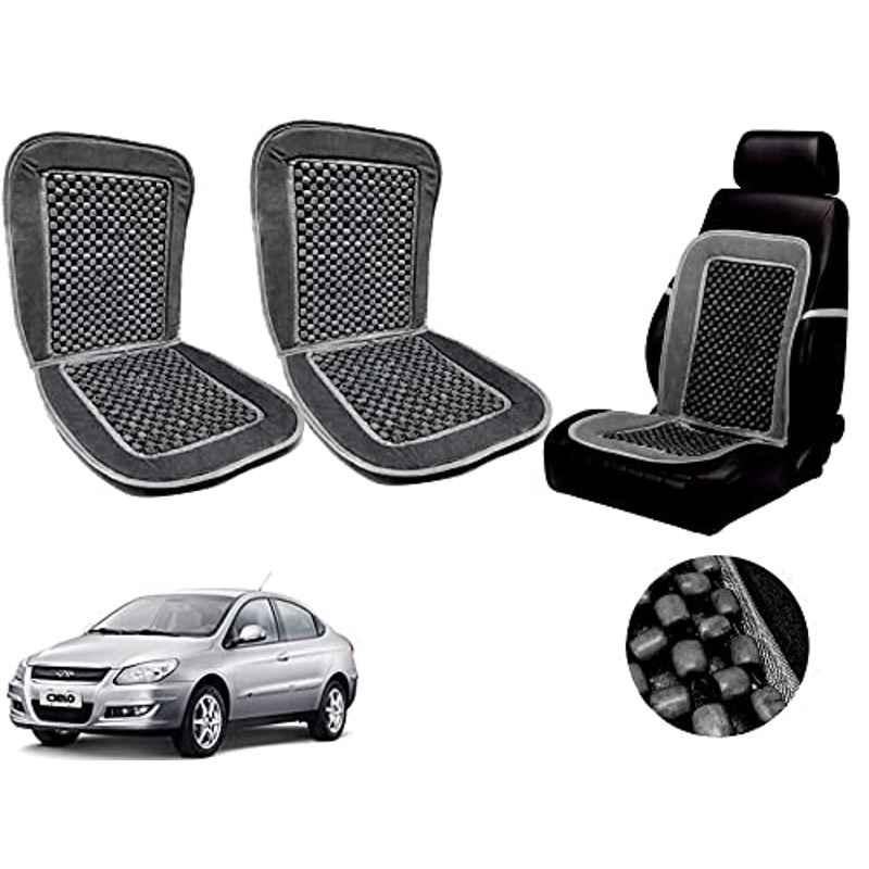 Auto Pearl PU, Velvet & Wooden Beads Grey Rectangular Seat Cushion for Daewoo Cielo (Pack of 2 )
