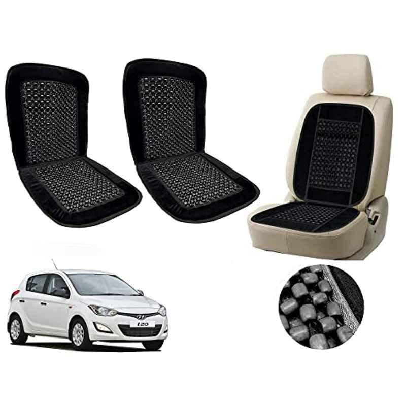 Auto Pearl PU, Velvet & Wooden Beads Black Rectangular Seat Cushion for Hyundai i20 Type-2 (Pack of 2 )