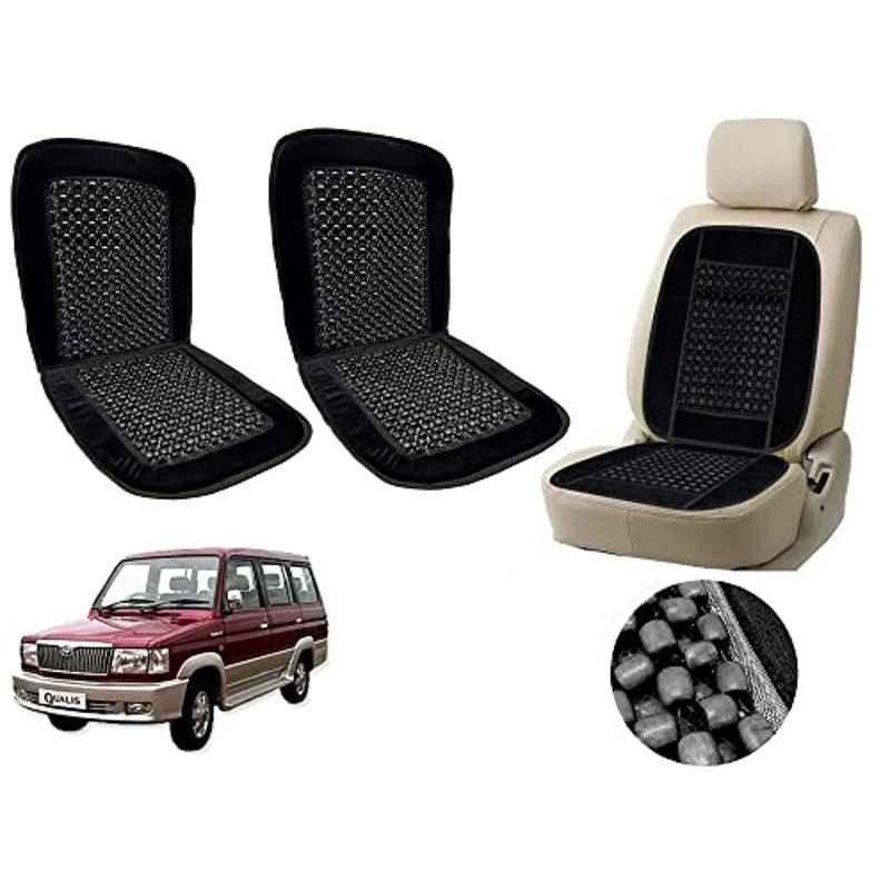 Auto Pearl PU, Velvet & Wooden Beads Black Rectangular Seat Cushion for Toyota Qualis (Pack of 2 )
