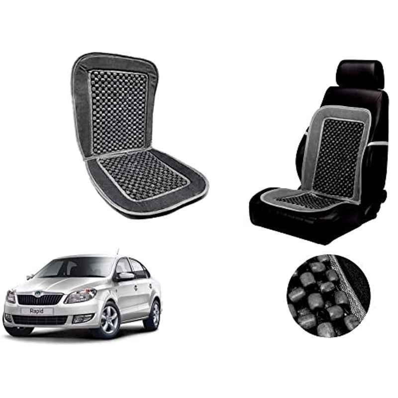 Auto Pearl PU, Velvet & Wooden Beads Grey Rectangular Seat Cushion for Skoda Rapid