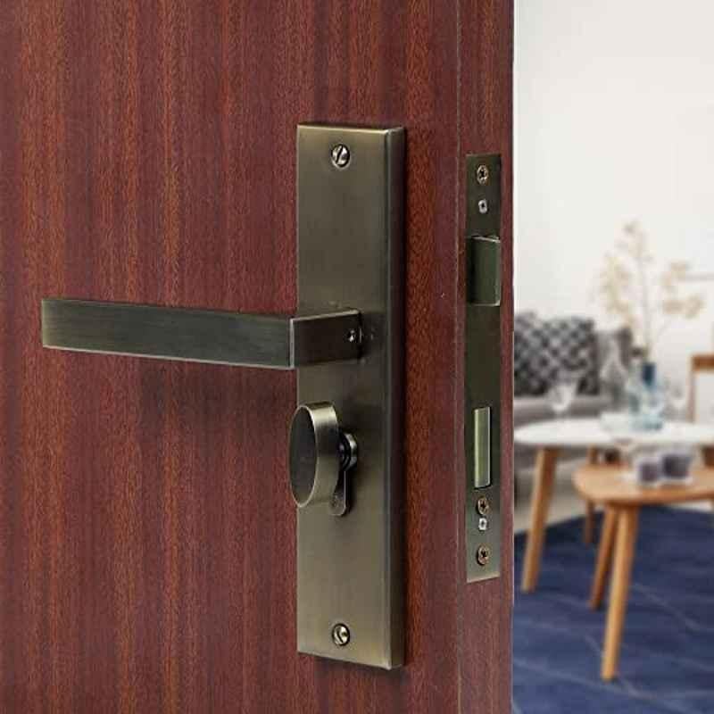 Saze 8 inch Stainless Steel Antique Brass Finish Cylindrical Plate Mortise Door Lock Handle Set, LB301