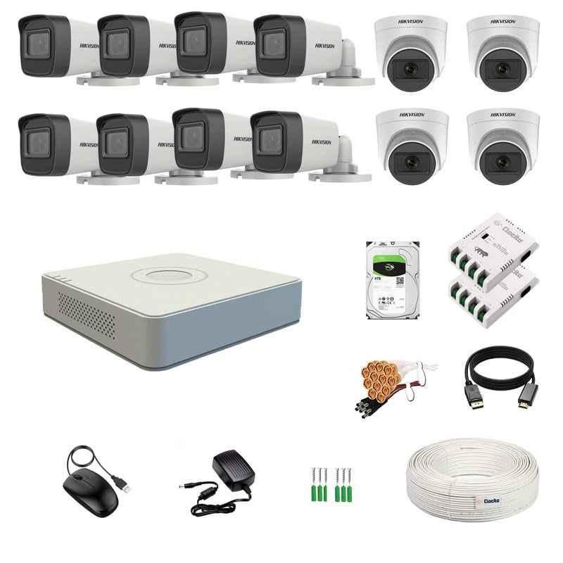Hikvision 5MP 4 Pcs Dome & 8 Pcs Bullet Camera Kit with 16 Channel DVR, 4TB HDD, 70m 1+3 Cable Roll, 2 Pcs 8 CH Power Supply, BNC & DC