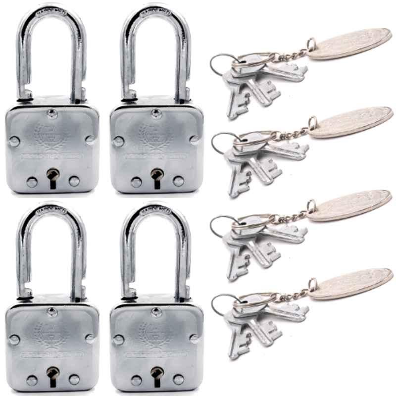 Harrison 55mm 6 Lever Mild Steel Bright Chrome Plated Finish Square Padlock with 3 Keys, T-27-0031 (Pack of 4)