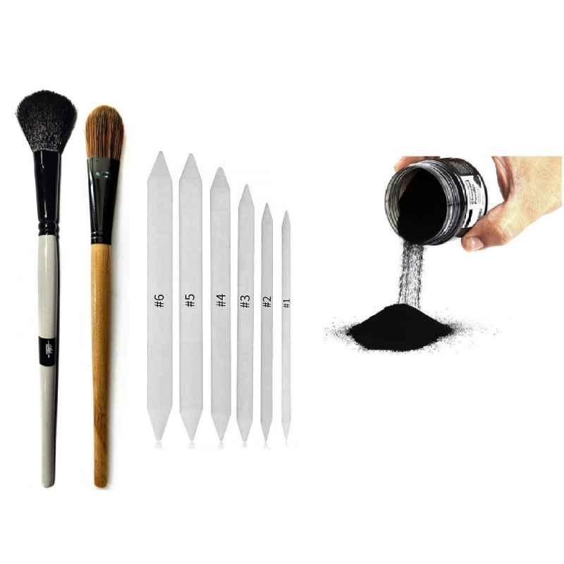 ChiggiWiggi 21cm Art Foundation Blending Brush, 16.5cm Blending Brush, 90g Charcoal Powder & 6 Pcs Blending Paper Stumps Set Combo, C161