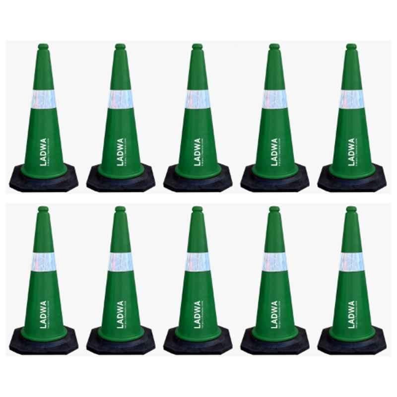 Ladwa 10 Pcs 750mm PVC Impact Resistant Green Road Traffic Safety Cone with 10m Chain & 10 Hooks Set