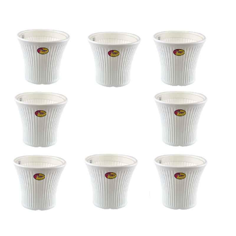 Rishta 9x10 inch Plastic White Round Poudha Planter Gamla Pot with Tray (Pack of 8)