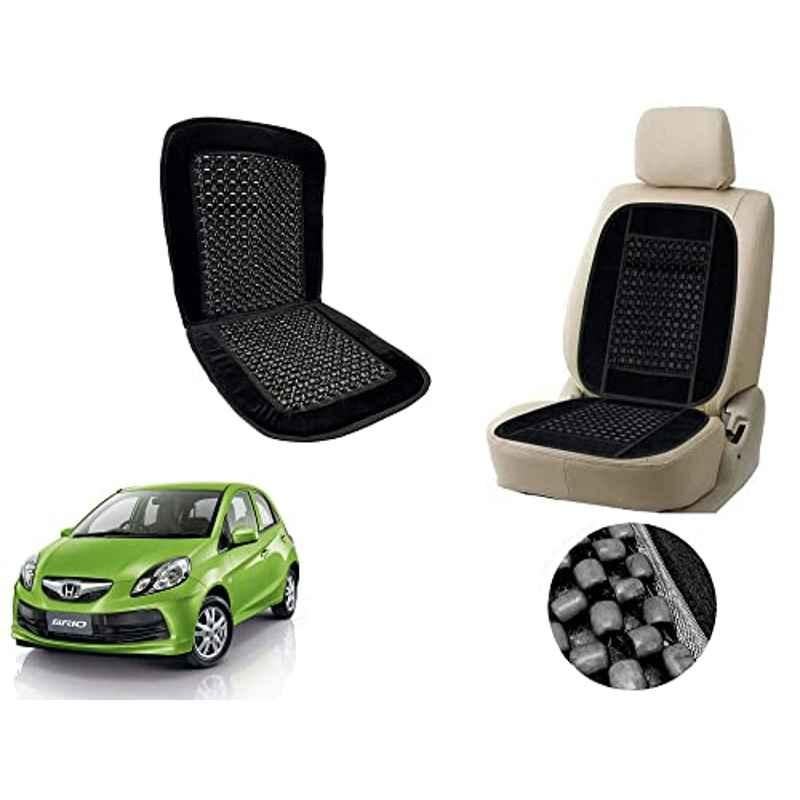 Auto Pearl PU, Velvet & Wooden Beads Black Rectangular Seat Cushion for Honda Brio