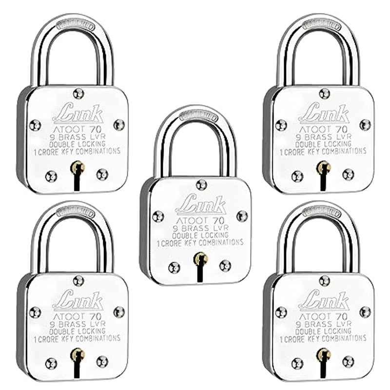 Link 70mm Steel Long Hardened Shackle Padlock with 9 Brass Lever, 3 Silver Keys, Keychain & Free Key Hanger, Atoot 70 (Pack of 5)