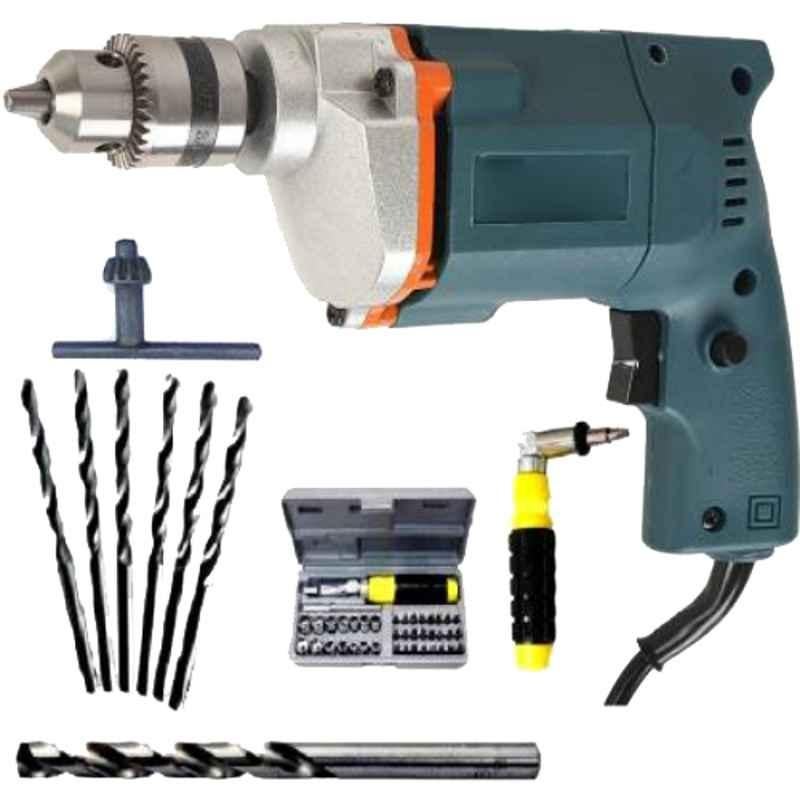 Imported 10mm 300W Blue Drill Machine with 6Pcs HSS Bits, 1Pc Masonry Drill Bit, 1Pc Hammer Power & Hand Tool Kit