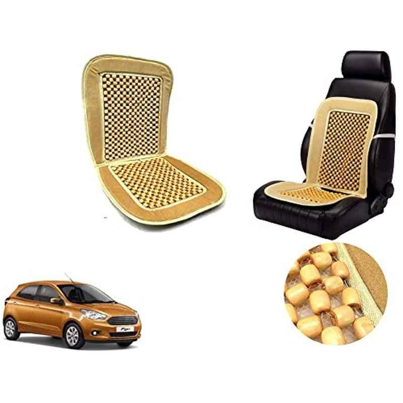 Auto Pearl PU, Velvet & Wooden Beads Beige Rectangular Seat Cushion for Ford Figo
