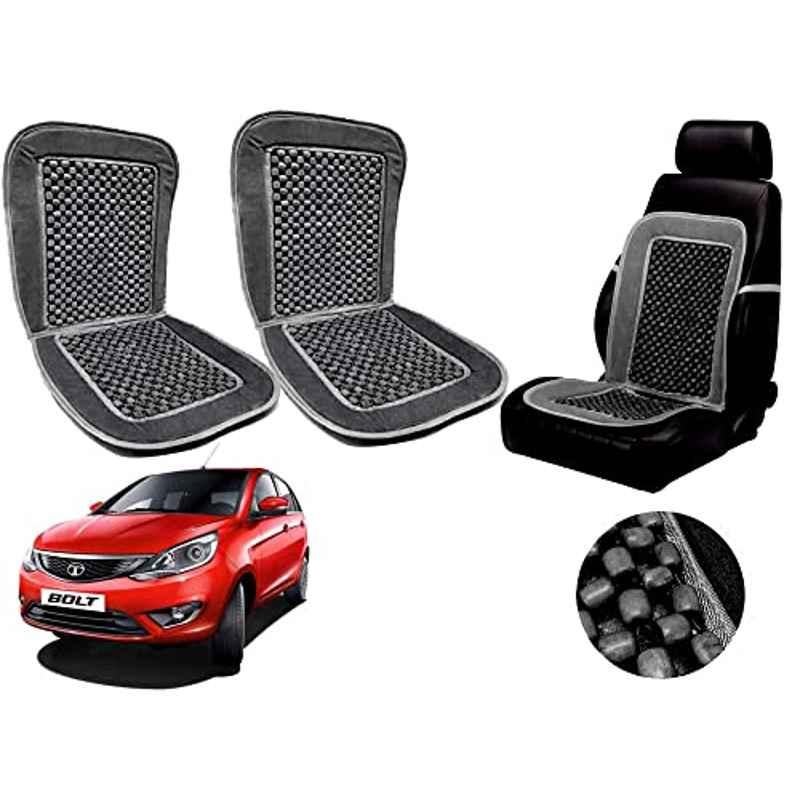 Auto Pearl PU, Velvet & Wooden Beads Grey Rectangular Seat Cushion for Tata Bolt (Pack of 2 )