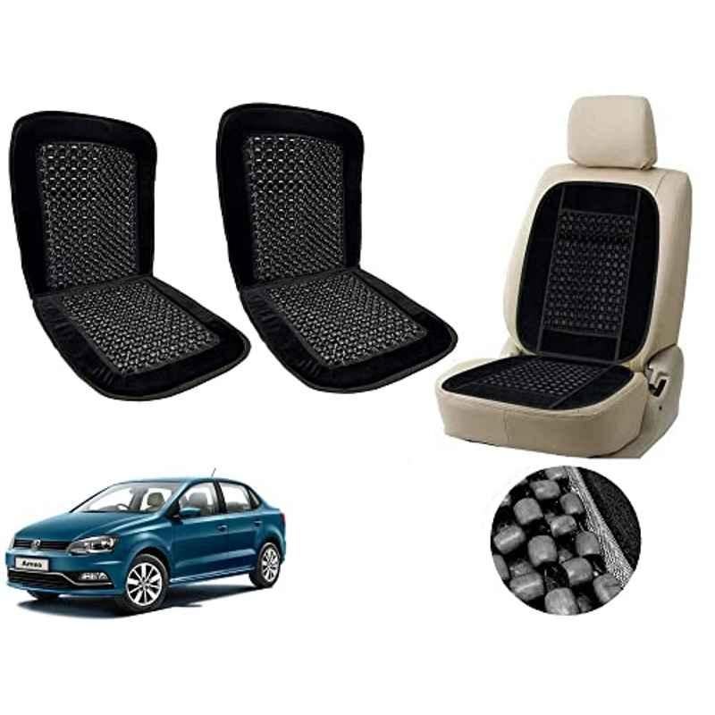 Auto Pearl PU, Velvet & Wooden Beads Black Rectangular Seat Cushion for Volkswagen Ameo (Pack of 2 )