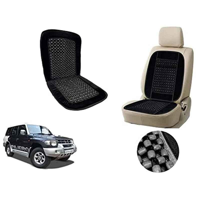 Auto Pearl PU, Velvet & Wooden Beads Black Rectangular Seat Cushion for Mitsubishi Pajero