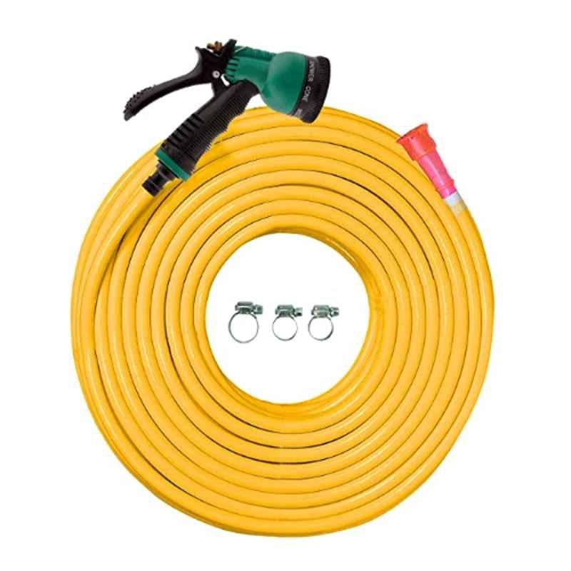 Cinagro 20m Plastic Yellow Braided Hose Pipe with Nozzle Sprayer, Tap Adapter & 3 Clamps, 8C-HZ6F-LTWO