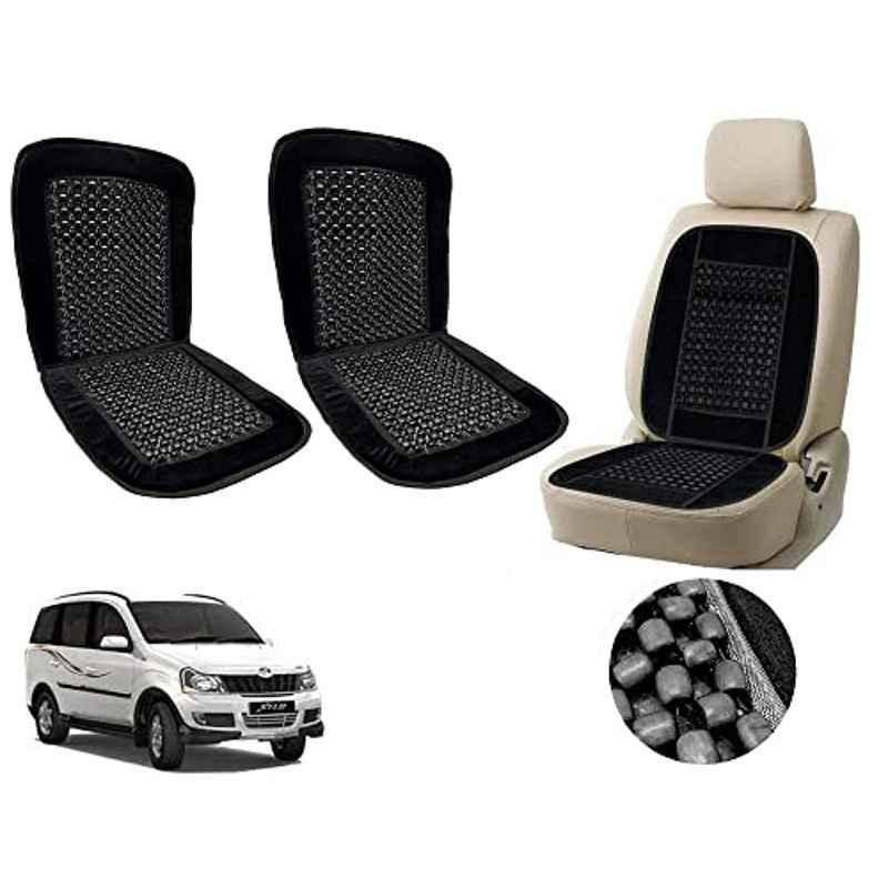 Auto Pearl PU, Velvet & Wooden Beads Black Rectangular Seat Cushion for Mahindra Xylo (Pack of 2 )