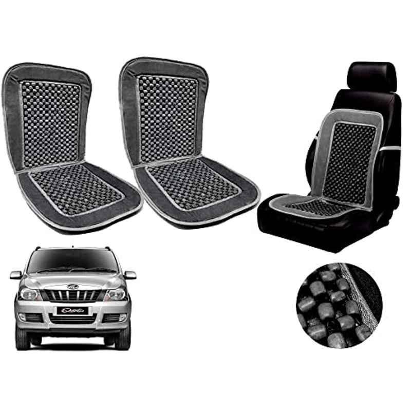 Auto Pearl PU, Velvet & Wooden Beads Grey Rectangular Seat Cushion for Mahindra Quanto (Pack of 2 )
