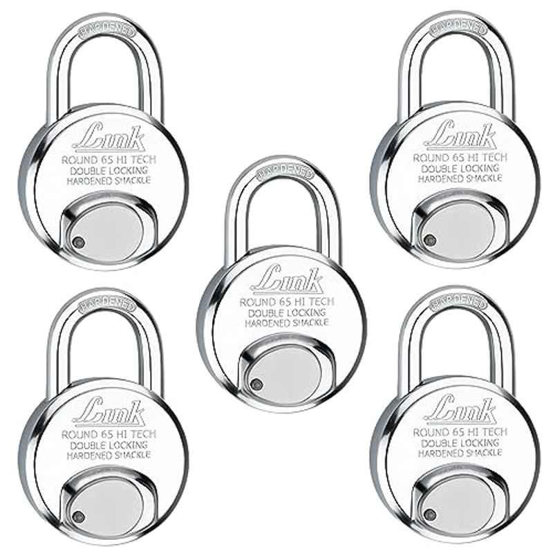 Link 65mm Stainless Steel Round Hardened Shackle Padlock with 3 Iron Keys, HT-R65-SS (Pack of 5)