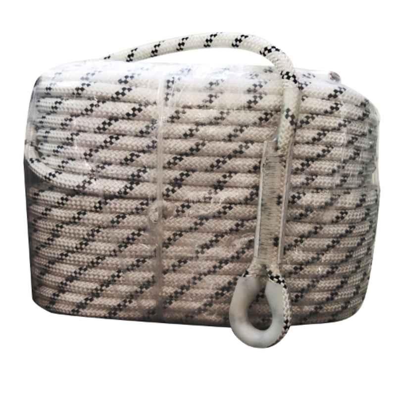 Grip 10.5mm 3 Strands Braided Nylon White & Black Climbing Rope with One Side Thimble, Length: 100 m