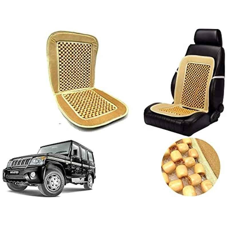Auto Pearl PU, Velvet & Wooden Beads Beige Rectangular Seat Cushion for Mahindra Bolero