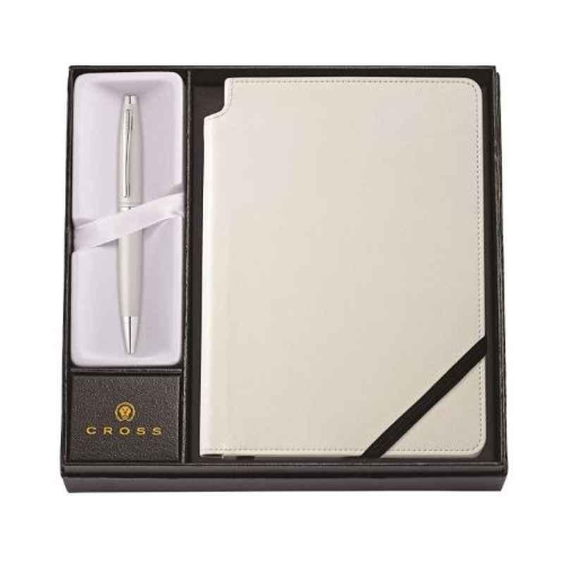 Cross Blue Ink Calais Satin Chrome Ballpoint Pen & xxlarge White Journal Set
