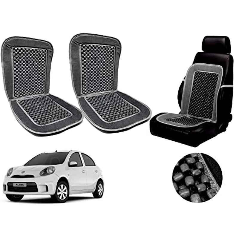 Auto Pearl PU, Velvet & Wooden Beads Grey Rectangular Seat Cushion for Nissan Micra Active (Pack of 2 )