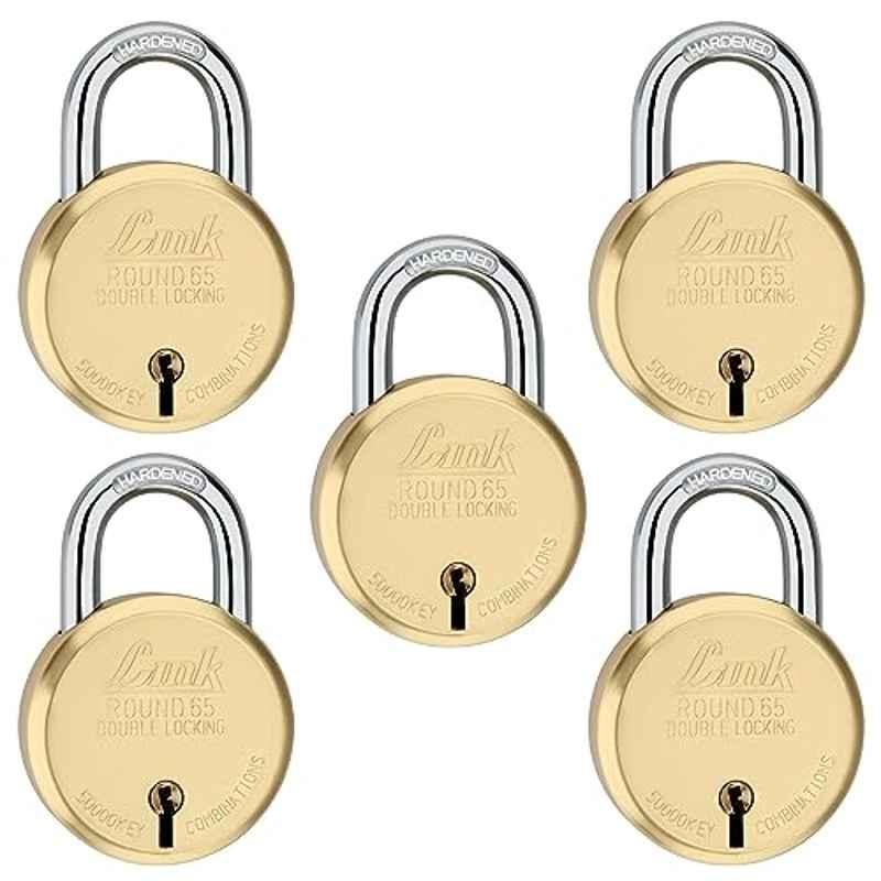Link 65mm 8 Levers Gold Round Hardened Shackle Brass Padlock with Double Locking, 4 Keys & Free Key Hanger (Pack of 5)