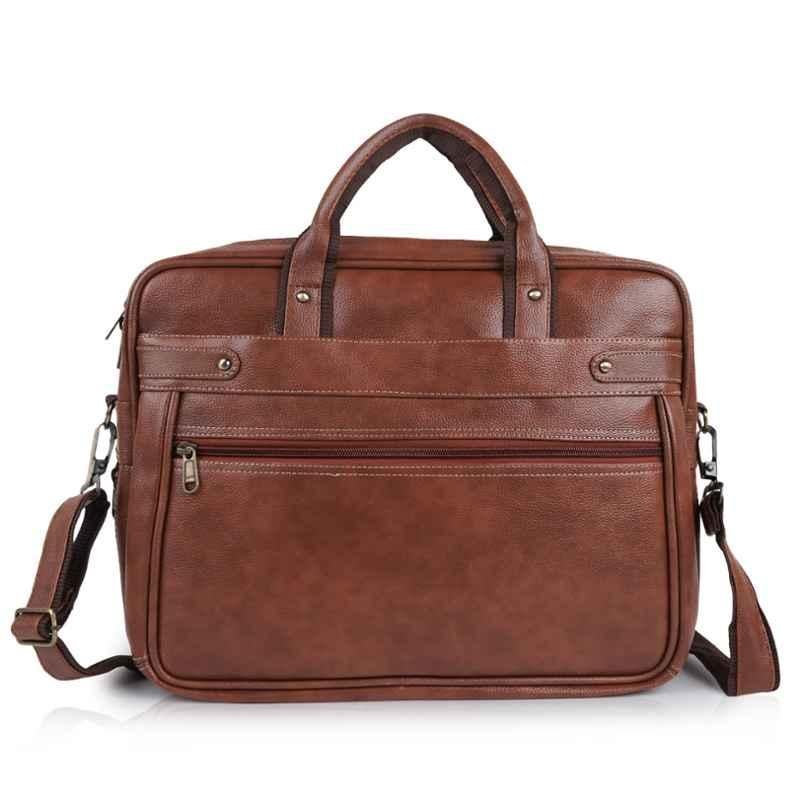 I DOT 15 inch Faux Leather Brown Laptop Messenger Bag with Shoulder Strap