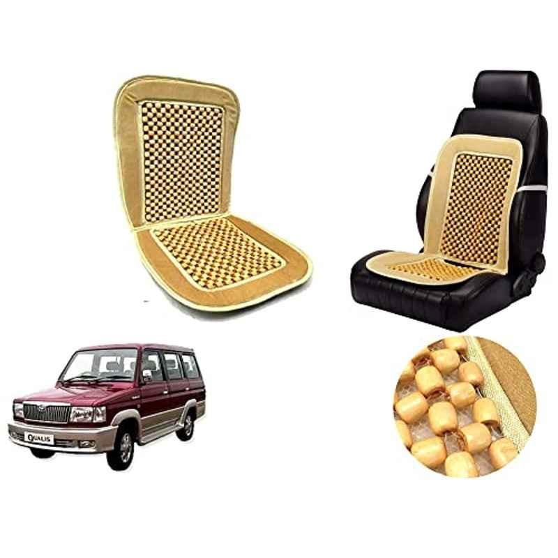 Auto Pearl PU, Velvet & Wooden Beads Beige Rectangular Seat Cushion for Toyota Qualis