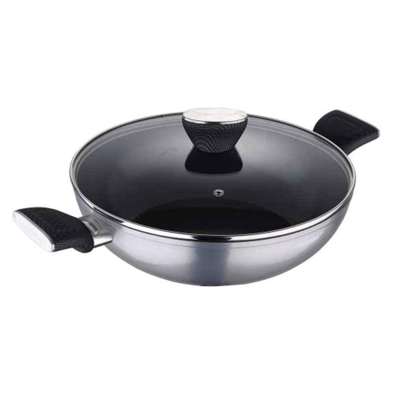 Bergner Carbon TT 26cm 3.1L Metallic Grey Non Stick Forged Aluminium Kadhai with Glass Lid, BG-9248-SL