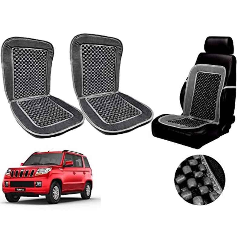 Auto Pearl PU, Velvet & Wooden Beads Grey Rectangular Seat Cushion for Mahindra TUV-300 (Pack of 2 )