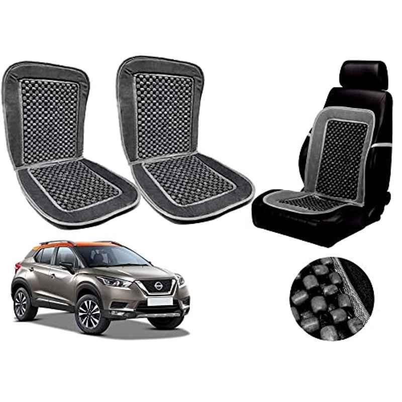 Auto Pearl PU, Velvet & Wooden Beads Grey Rectangular Seat Cushion for Nissan Kicks (Pack of 2 )