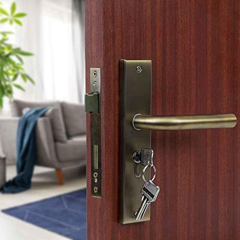 Voltizi 8 inch Stainless Steel 304 Antique Brass Finish Cylindrical Plate Mortise Door Lock Handle Set with Both Side Key 60mm Brass Cylinder, MG-1106