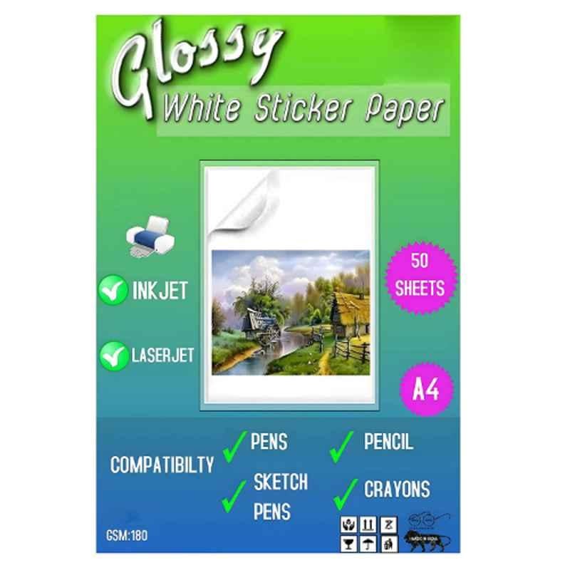 AN 50 Pcs A4 White Glossy Sticker Paper Set for Laser, Copier, Inkjet Printer & Writing