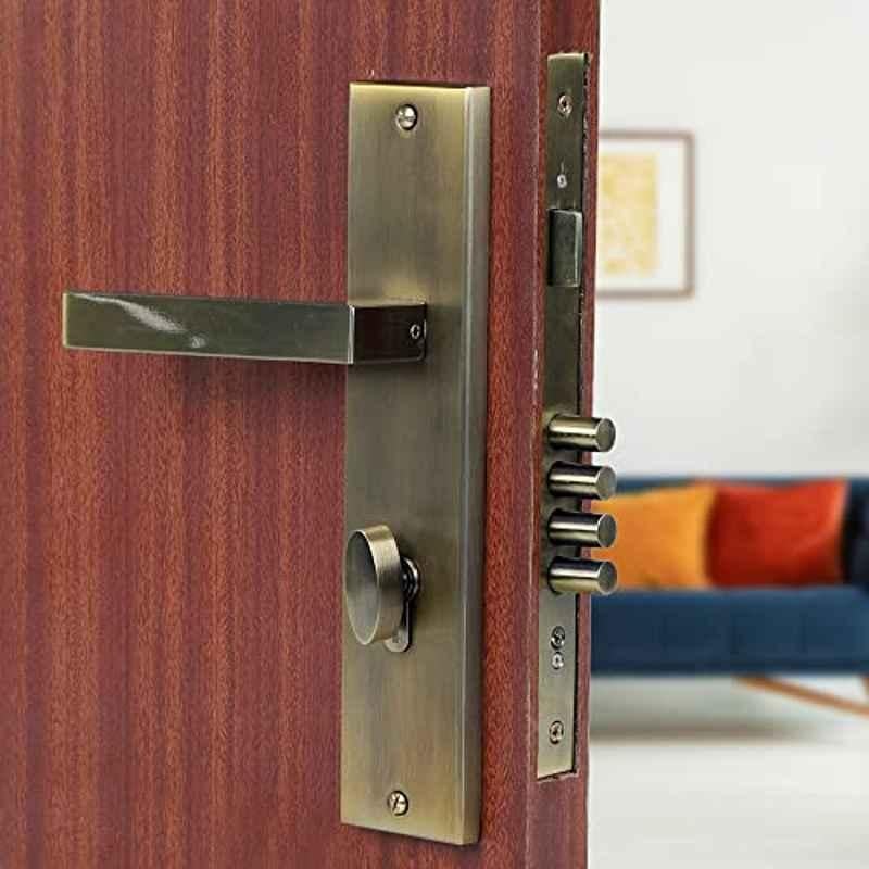 Saze 10 inch Stainless Steel Antique Brass Finish Cylindrical Plate One Side Key Mortise Door Lock Handle Set with 3 Keys, LB-301