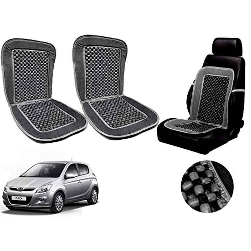 Auto Pearl PU, Velvet & Wooden Beads Grey Rectangular Seat Cushion for Hyundai i20 Type-1 (Pack of 2 )