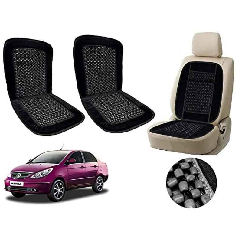 Auto Pearl PU, Velvet & Wooden Beads Black Rectangular Seat Cushion for Tata Manza (Pack of 2 )