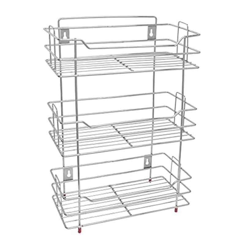 Plantex Stainless Steel Silver Floor & Wall Mount Multipurpose 3 Tier Kitchen Corner Storage Shelf