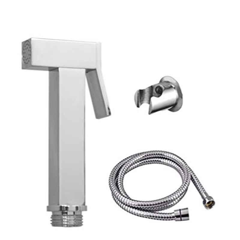 Logger 3 Pcs Brass Glossy Health Faucet with Flexible Stainless Steel Tube & Wall Hook Set