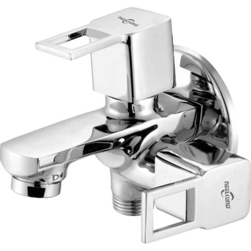 Neelkund Brass Silver Chrome Finish Square Cut 2-in-1 Bib Tap with Twin Elbow Valve